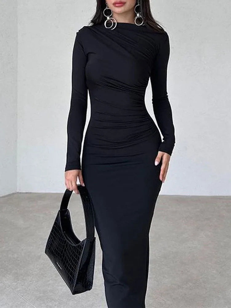 Women Elegant Solid Black Bodycon Maxi Dress Long