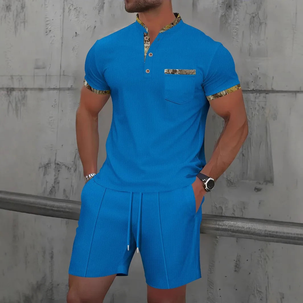 2026 Men Europe and the United States new summer Waffle solid color zip-up lapel short-sleeve suit shorts two sets
