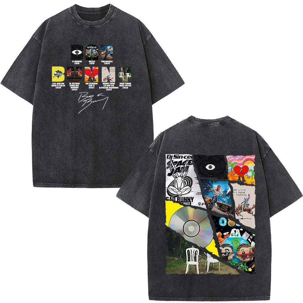 Rapper Bad Bunny Album Cover Print T-shirt Debi Tirar Mas Fotos DTMF Washed Vintage T Shirt Men Women Hip Hop Oversized T-shirts