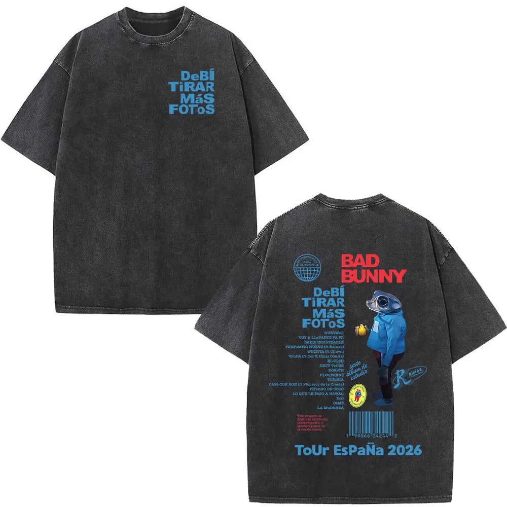 Rapper Bad Bunny Album Cover Print T-shirt Debi Tirar Mas Fotos DTMF Washed Vintage T Shirt Men Women Hip Hop Oversized T-shirts