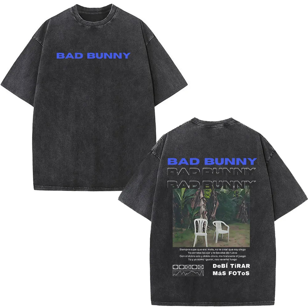 Rapper Bad Bunny Album Cover Print T-shirt Debi Tirar Mas Fotos DTMF Washed Vintage T Shirt Men Women Hip Hop Oversized T-shirts