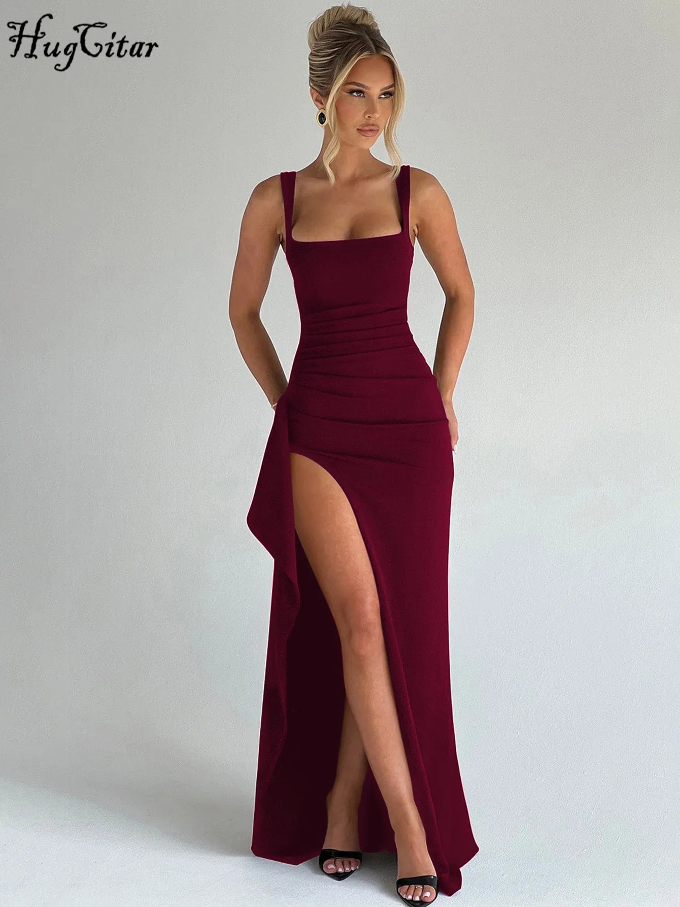 Hugcitar Women Elegant Solid Straps Slit Ruched