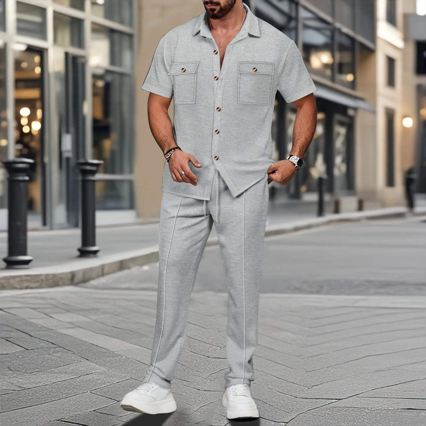 The new 2025 summer Europe and the United States men's casual solid color cardigan double pocket shirt short sleeve pants suit