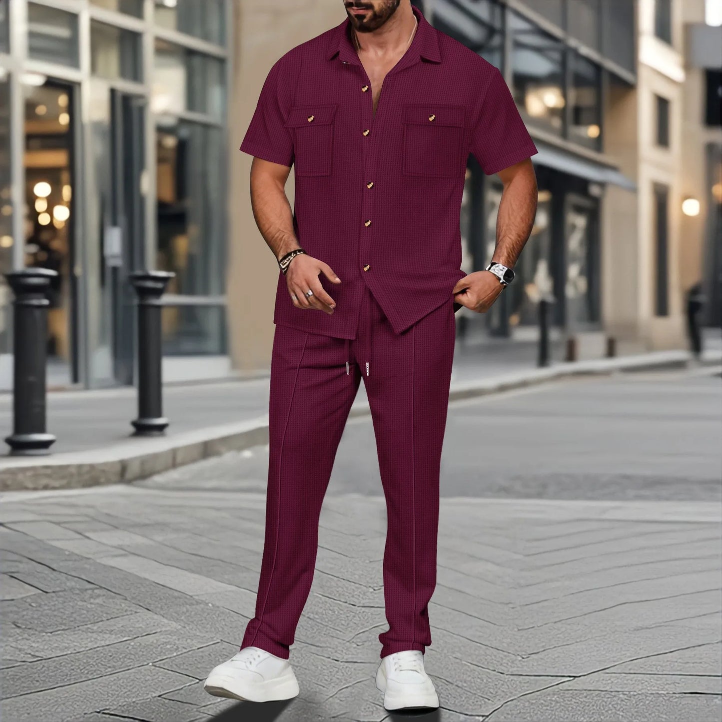The new 2025 summer Europe and the United States men's casual solid color cardigan double pocket shirt short sleeve pants suit