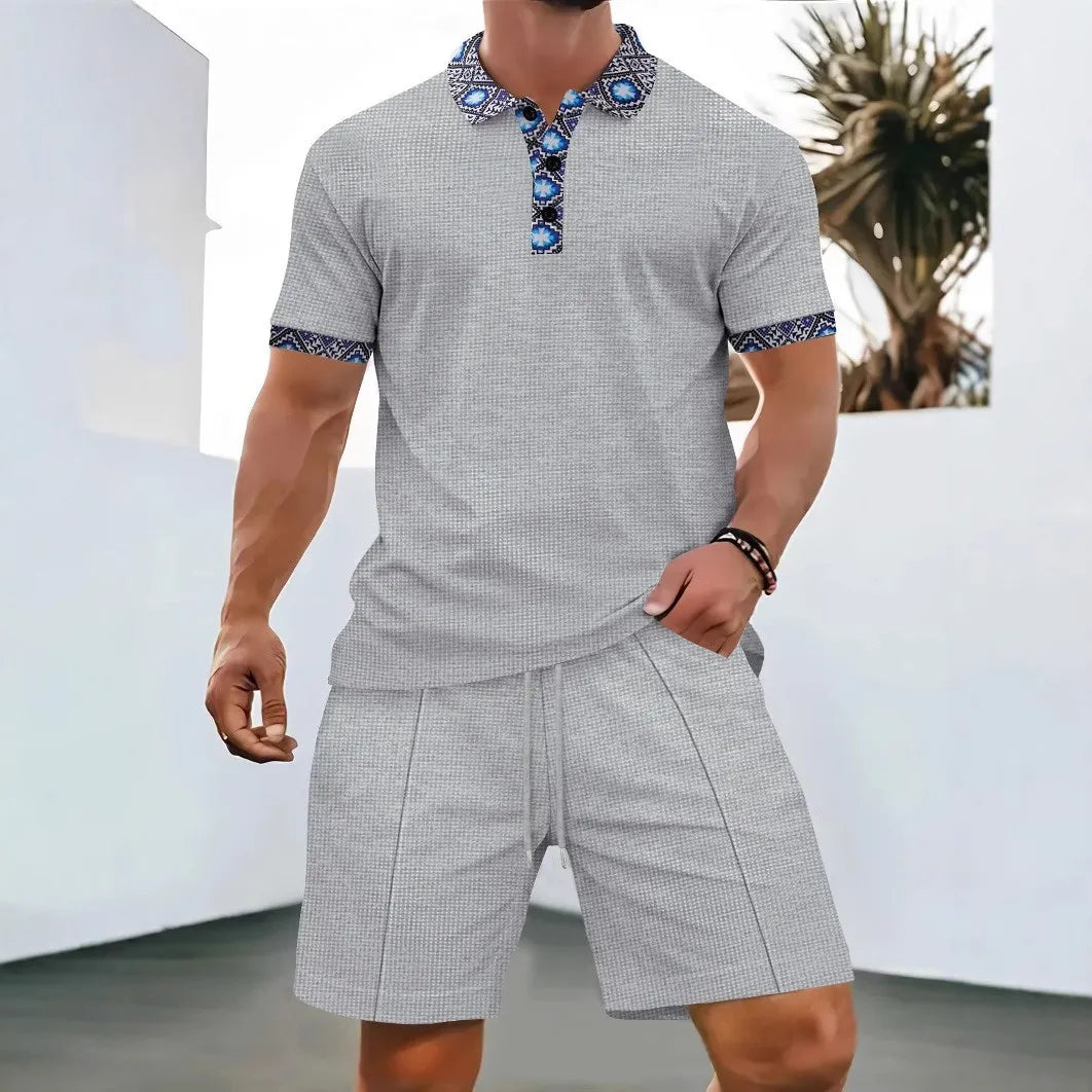 2026 Men Europe and the United States new summer Waffle solid color zip-up lapel short-sleeve suit shorts two sets