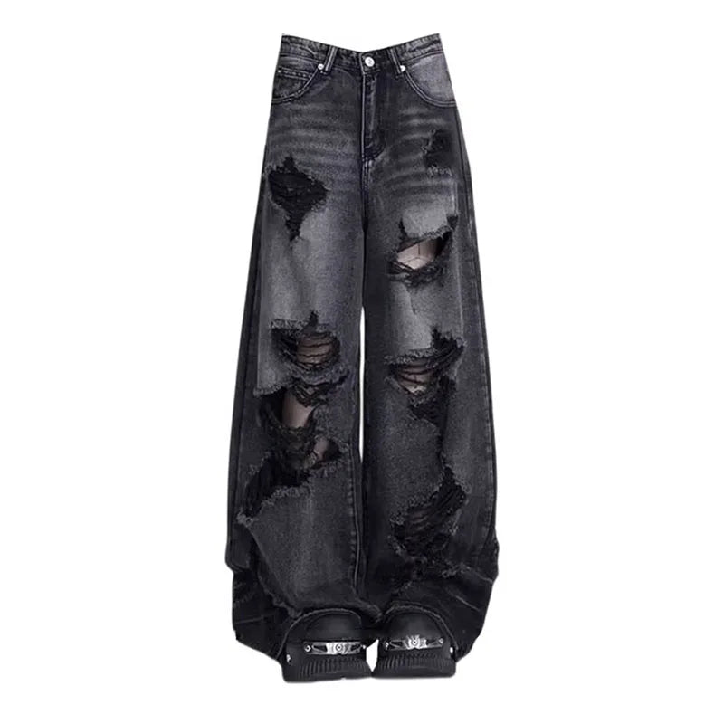 High Street Vintage Black Ripped Jeans Fashion Wide Leg Pants Women