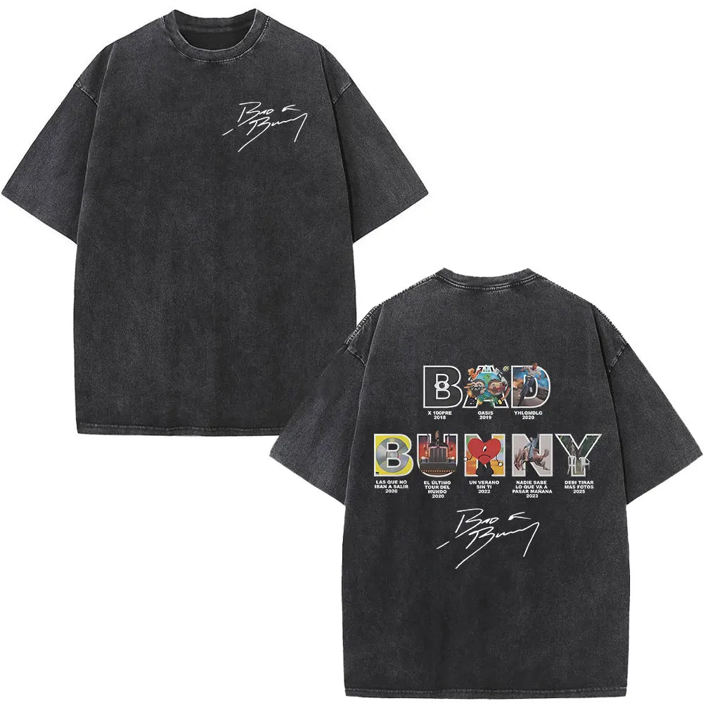 Rapper Bad Bunny Album Cover Print T-shirt Debi Tirar Mas Fotos DTMF Washed Vintage T Shirt Men Women Hip Hop Oversized T-shirts