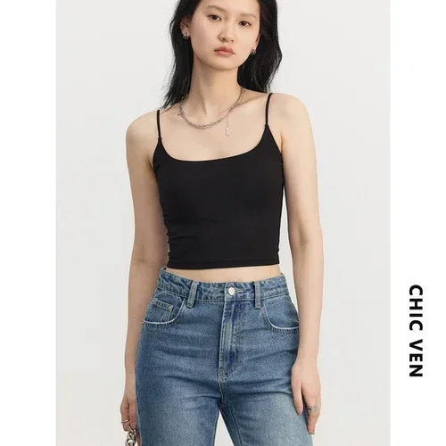 CHIC VEN Women's Tanks New Loose Short Camis Sleeveless Solid Crop Top Woman Clothing Spring Summer 2023