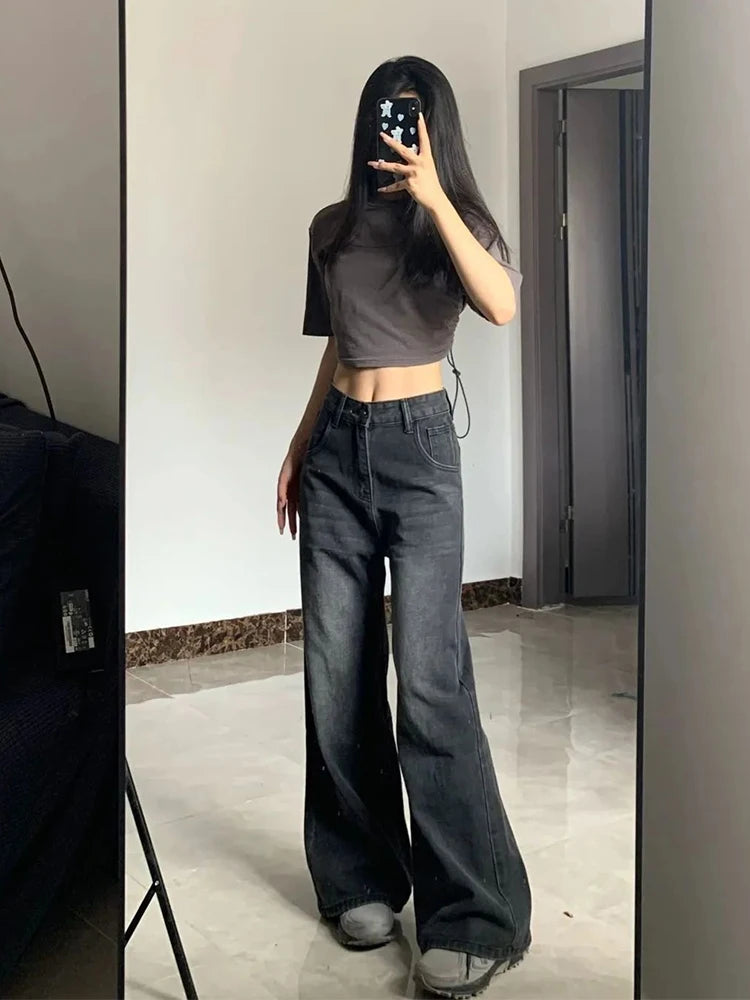 Korean Vintage High Waist Women's Jeans | Loose Straight Bell Bottoms Black Gray Baggy Denim Trousers