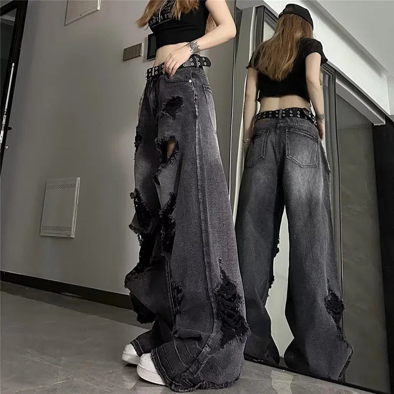 High Street Vintage Black Ripped Jeans Fashion Wide Leg Pants Women