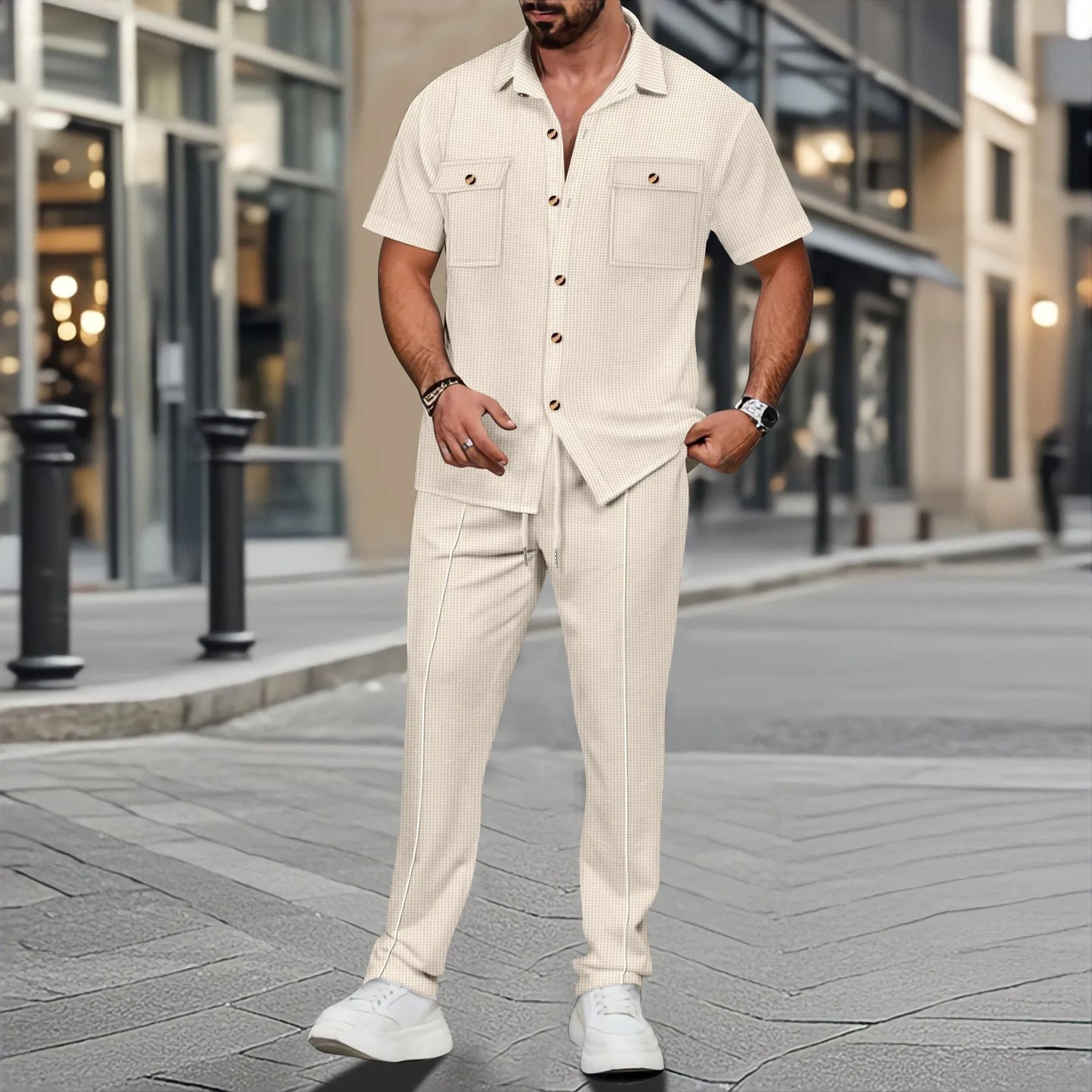 The new 2025 summer Europe and the United States men's casual solid color cardigan double pocket shirt short sleeve pants suit