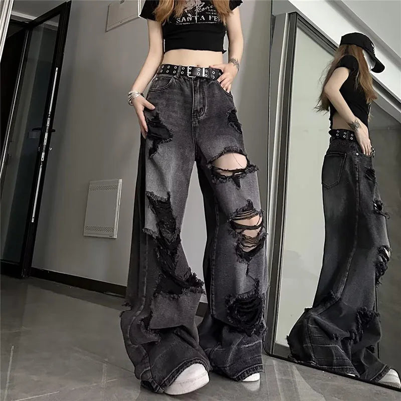 High Street Vintage Black Ripped Jeans Fashion Wide Leg Pants Women
