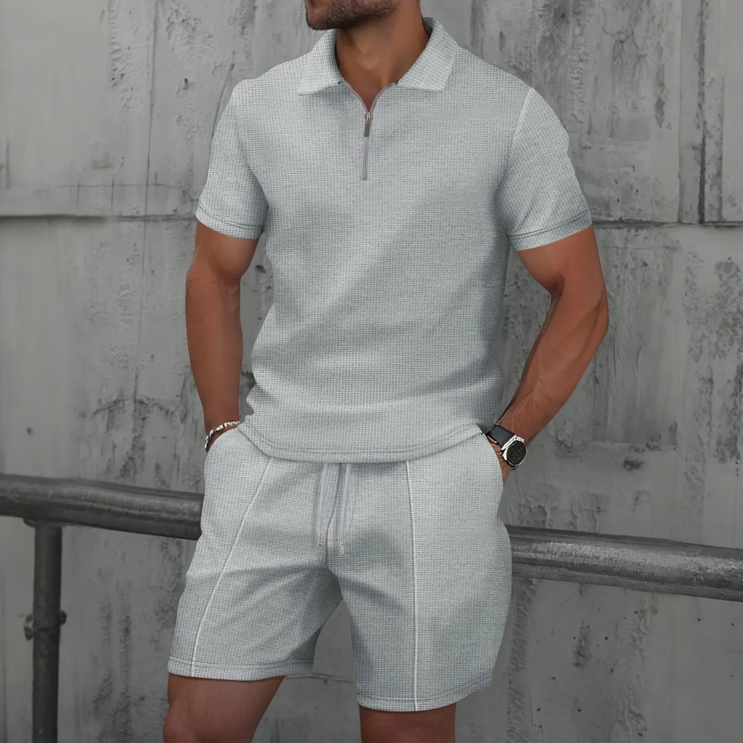 2026 Men Europe and the United States new summer Waffle solid color zip-up lapel short-sleeve suit shorts two sets