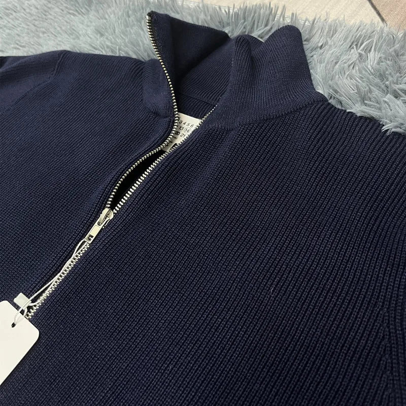 Autumn Winter Men Loose Casual Knit Sweater Zipper Semi High Neck Long Sleeve Cardigan Lazy Comfortable Warm Fashion Top