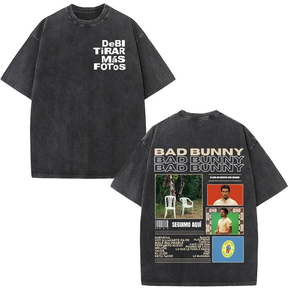 Rapper Bad Bunny Album Cover Print T-shirt Debi Tirar Mas Fotos DTMF Washed Vintage T Shirt Men Women Hip Hop Oversized T-shirts