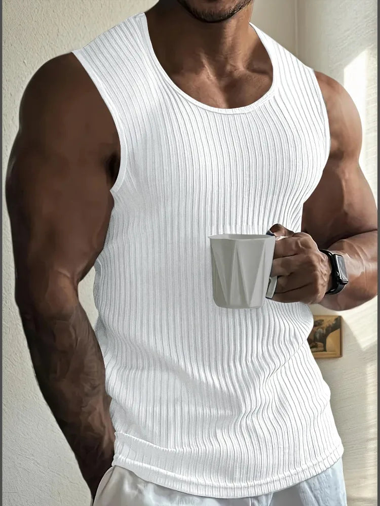 Men's Gym Stripe Tank Top Breathable Sleeveless Shirt Sports Undershirt Bodybuilding Vest Solid Color Casual T-Shirt Streetwear