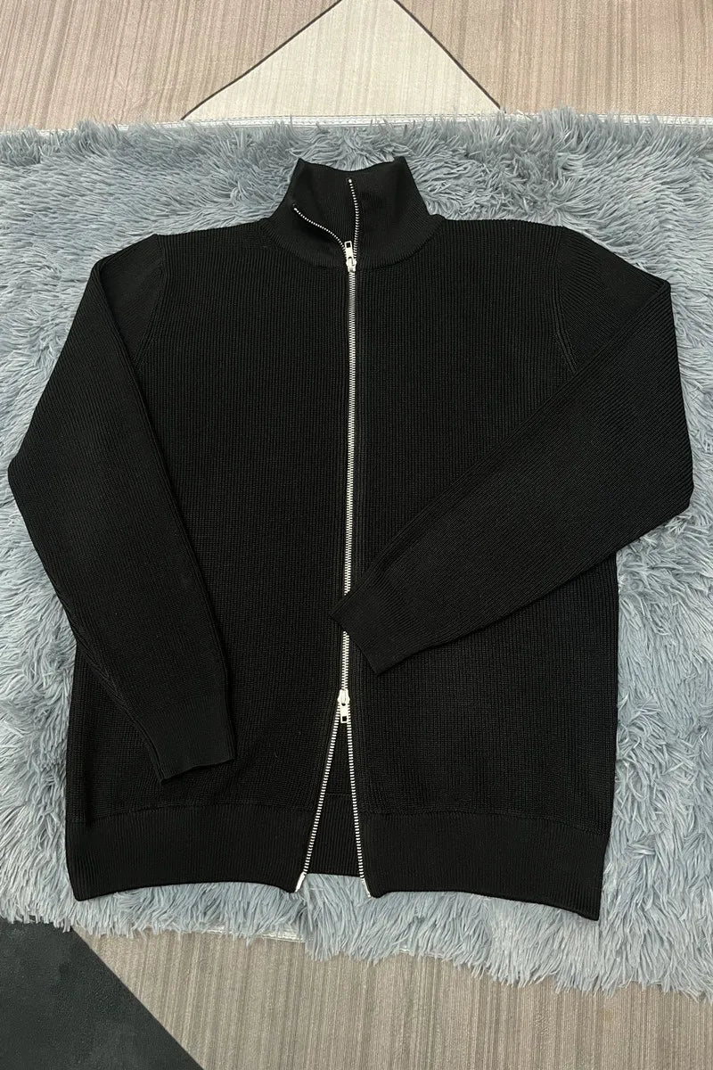 Autumn Winter Men Loose Casual Knit Sweater Zipper Semi High Neck Long Sleeve Cardigan Lazy Comfortable Warm Fashion Top