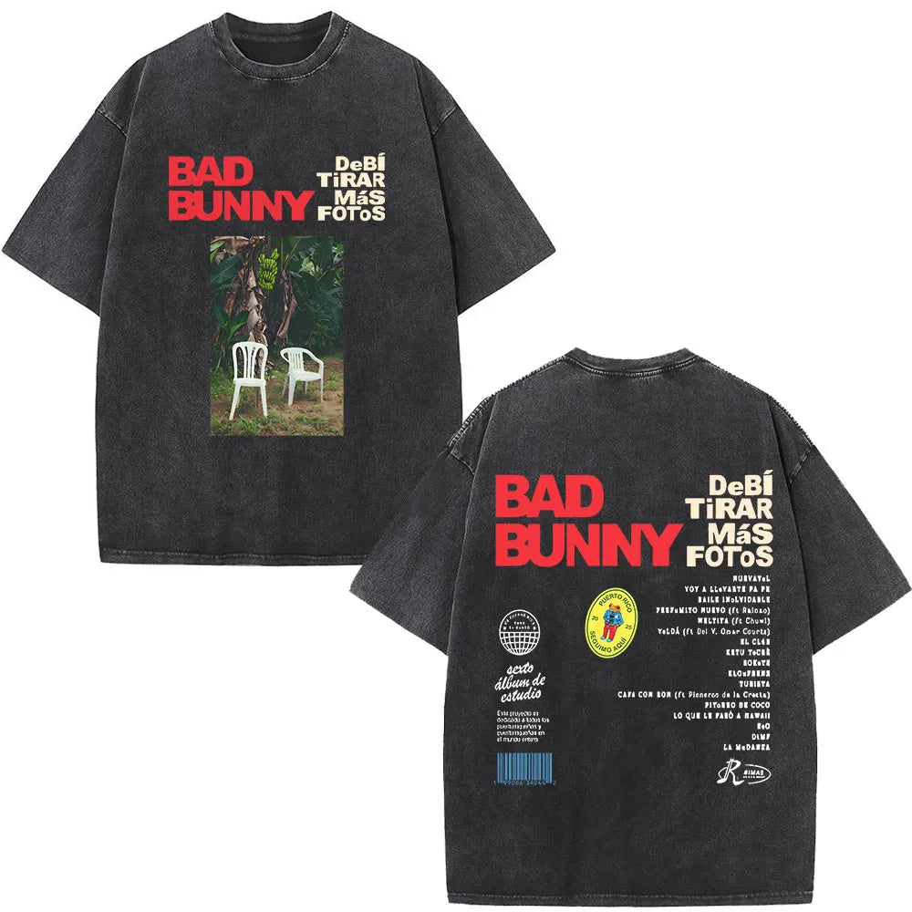 Rapper Bad Bunny Album Cover Print T-shirt Debi Tirar Mas Fotos DTMF Washed Vintage T Shirt Men Women Hip Hop Oversized T-shirts
