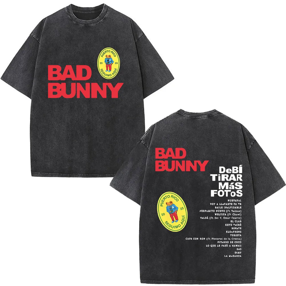 Rapper Bad Bunny Album Cover Print T-shirt Debi Tirar Mas Fotos DTMF Washed Vintage T Shirt Men Women Hip Hop Oversized T-shirts