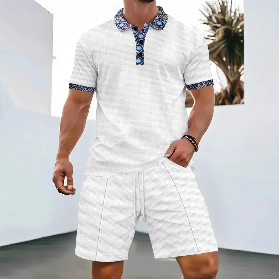 2026 Men Europe and the United States new summer Waffle solid color zip-up lapel short-sleeve suit shorts two sets