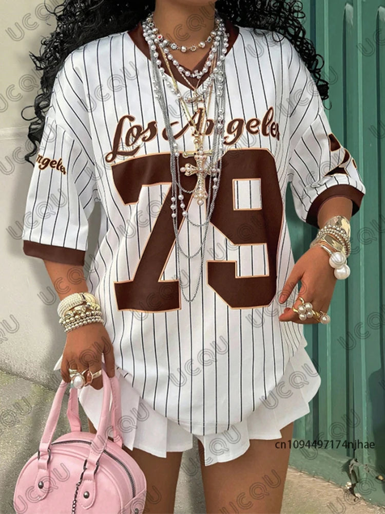 Summer New Los Angeles 79 Print Stripe T-shirt For Women