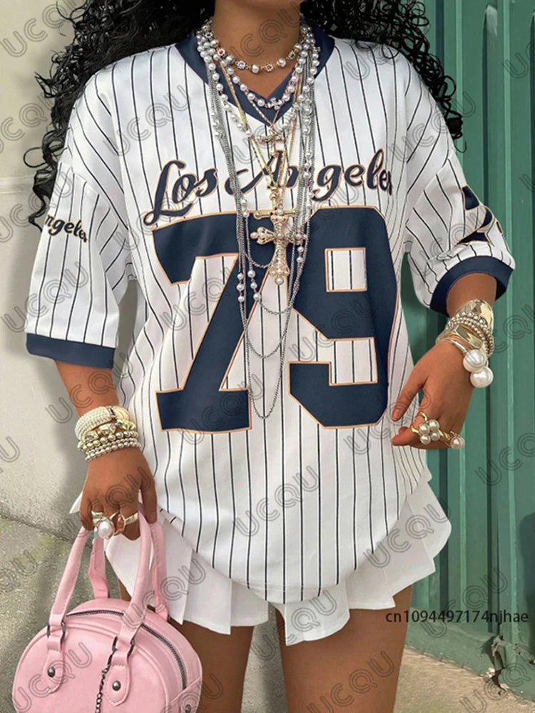Summer New Los Angeles 79 Print Stripe T-shirt For Women