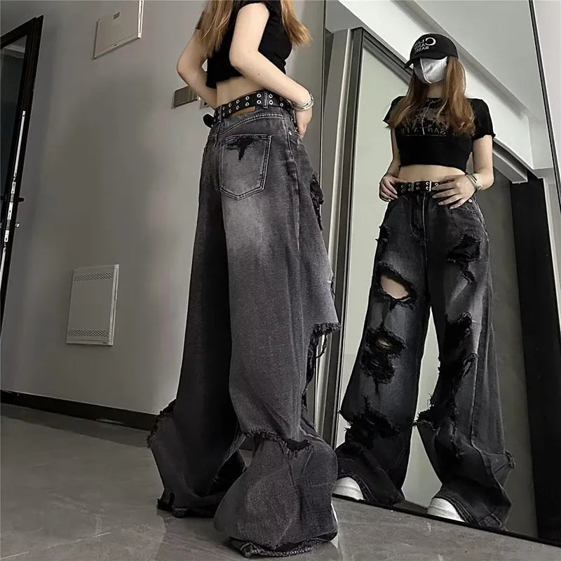 High Street Vintage Black Ripped Jeans Fashion Wide Leg Pants Women